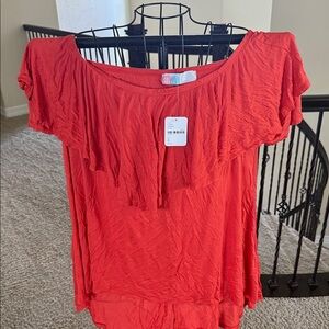 Free people off the shoulder Women's tee with ruffle size large orange nwt